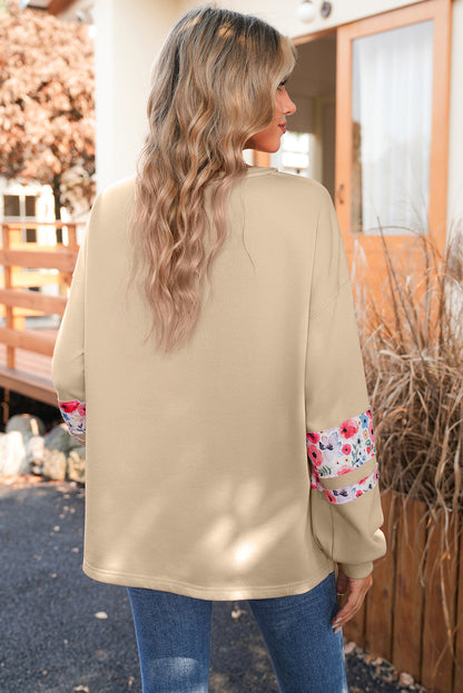 Peach Blossom Flower Applique Patchwork Drop Sleeve Pullover Sweatshirt