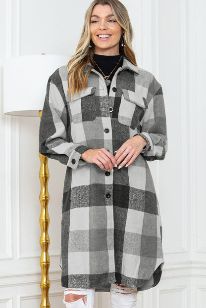 Khaki Plaid Colorblock Button Down Flap Pocket Long Shacket