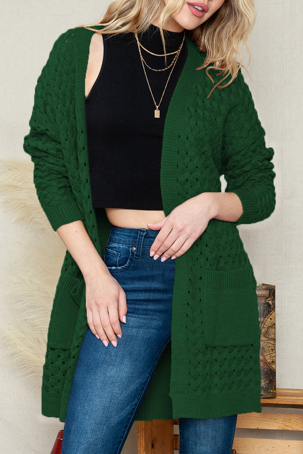 Brown Woven Texture Open Front Pockets Knit Cardigan