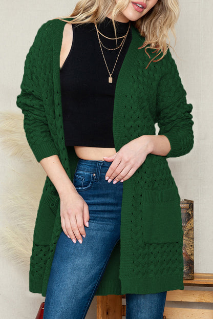 Brown Woven Texture Open Front Pockets Knit Cardigan