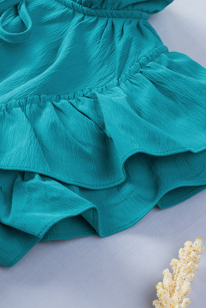 Tiered Ruffled Drawstring V Neck Short Dress With Pockets