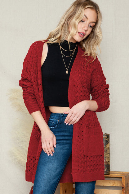 Brown Woven Texture Open Front Pockets Knit Cardigan