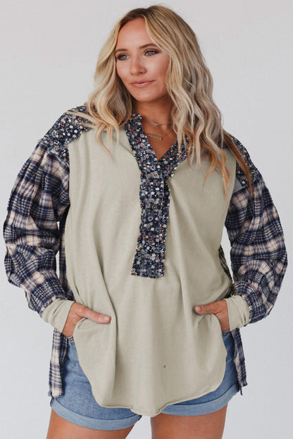 Red Dahlia Mixed Print Half Buttons Plus Size Pullover Top