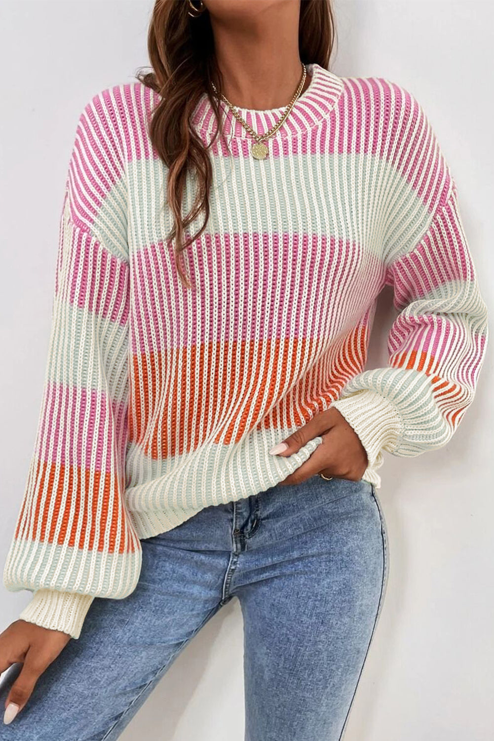 multi Colorblock Lantern Sleeve Rib Knitted Sweater