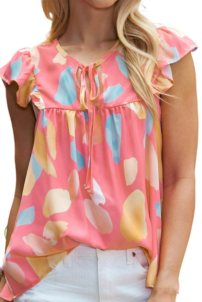 Light Blue Abstract Colorblock Ruffle Sleeveless Blouse