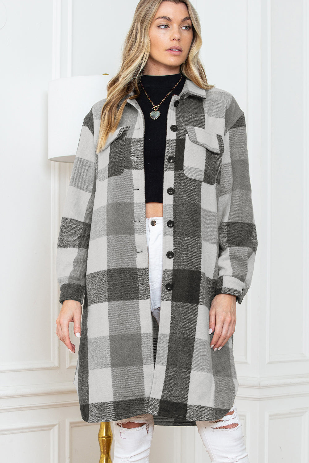 Khaki Plaid Colorblock Button Down Flap Pocket Long Shacket