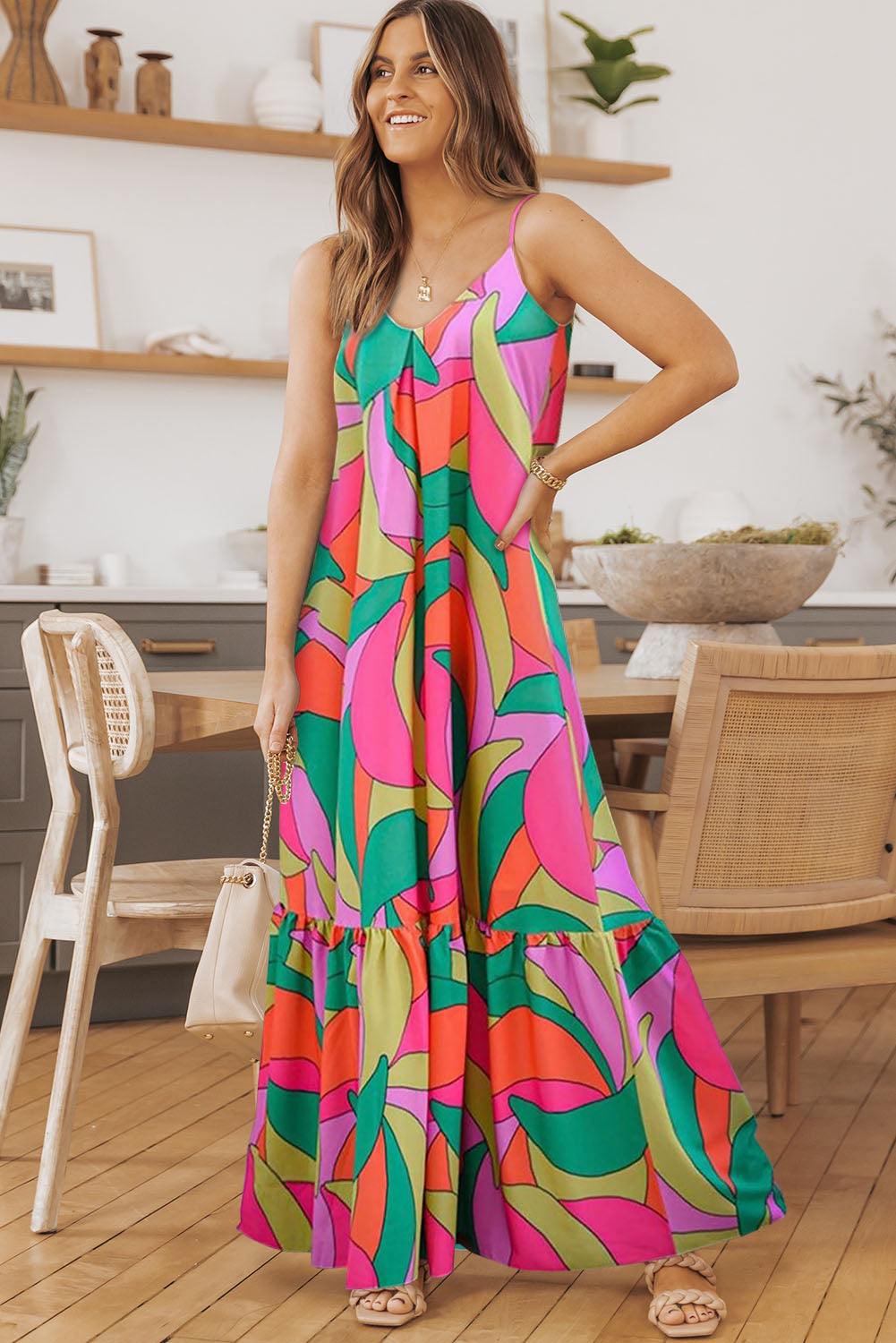 Multicolor Geometric Colorblock V Neck Tiered Maxi Dress