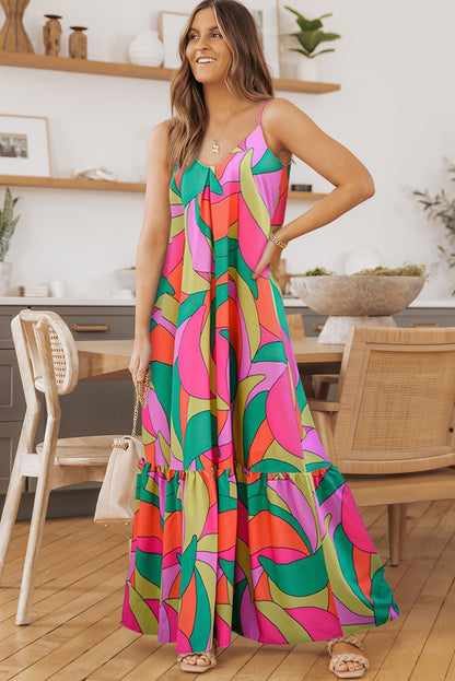 Multicolor Geometric Colorblock V Neck Tiered Maxi Dress