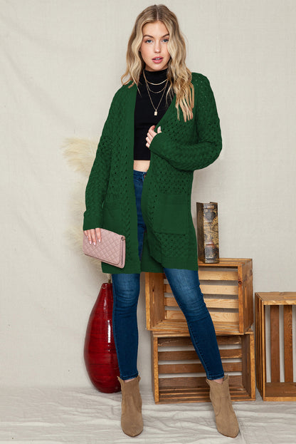 Brown Woven Texture Open Front Pockets Knit Cardigan