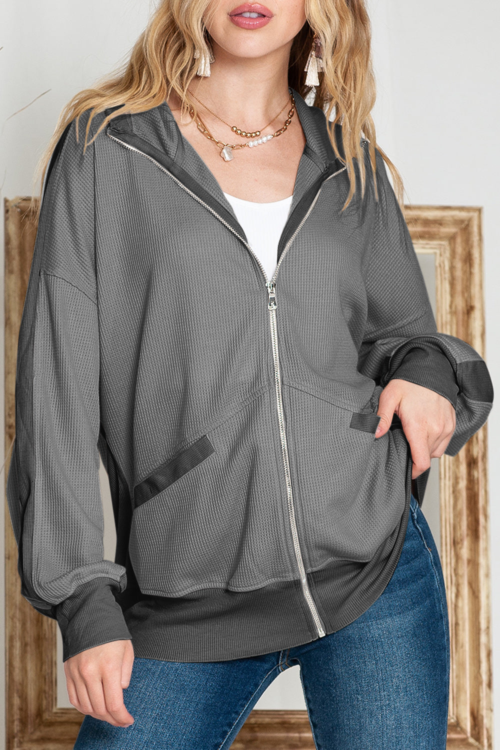 Thermal Zip Up Waffle Hoodie Jacket