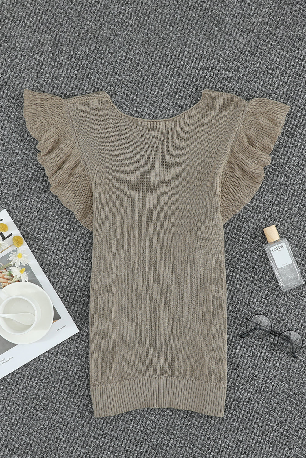 Khaki Ruffle V Neck Casual Sleeveless Knit Top