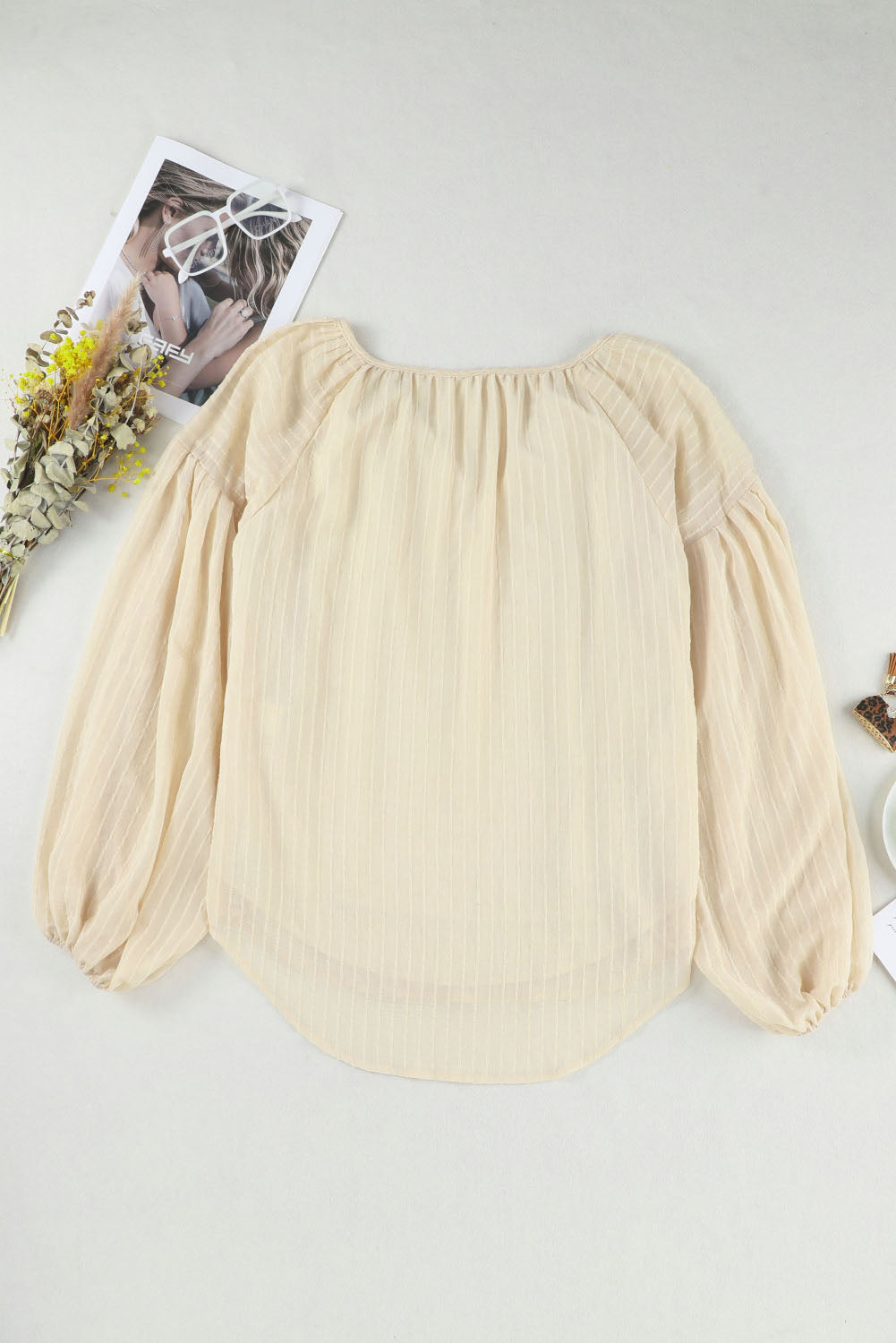 Brown Lantern Sleeve Tassel Drawstring Tie Blouse