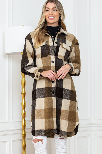 Khaki Plaid Colorblock Button Down Flap Pocket Long Shacket