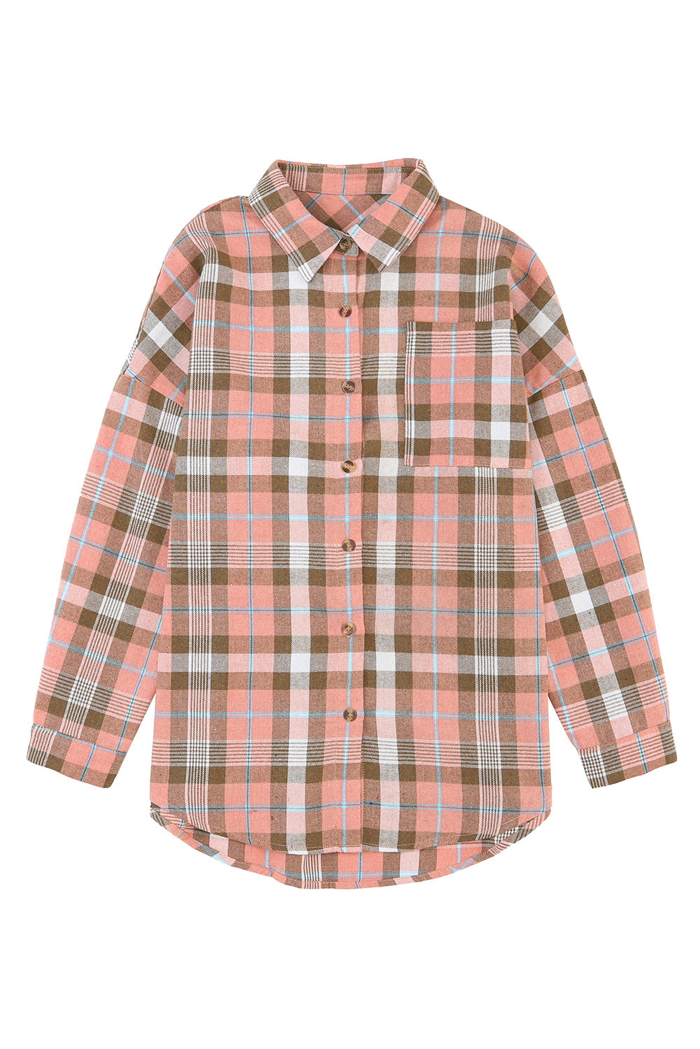 Orange Drop Shoulder Rounded Hem Plaid Pattern Shirt