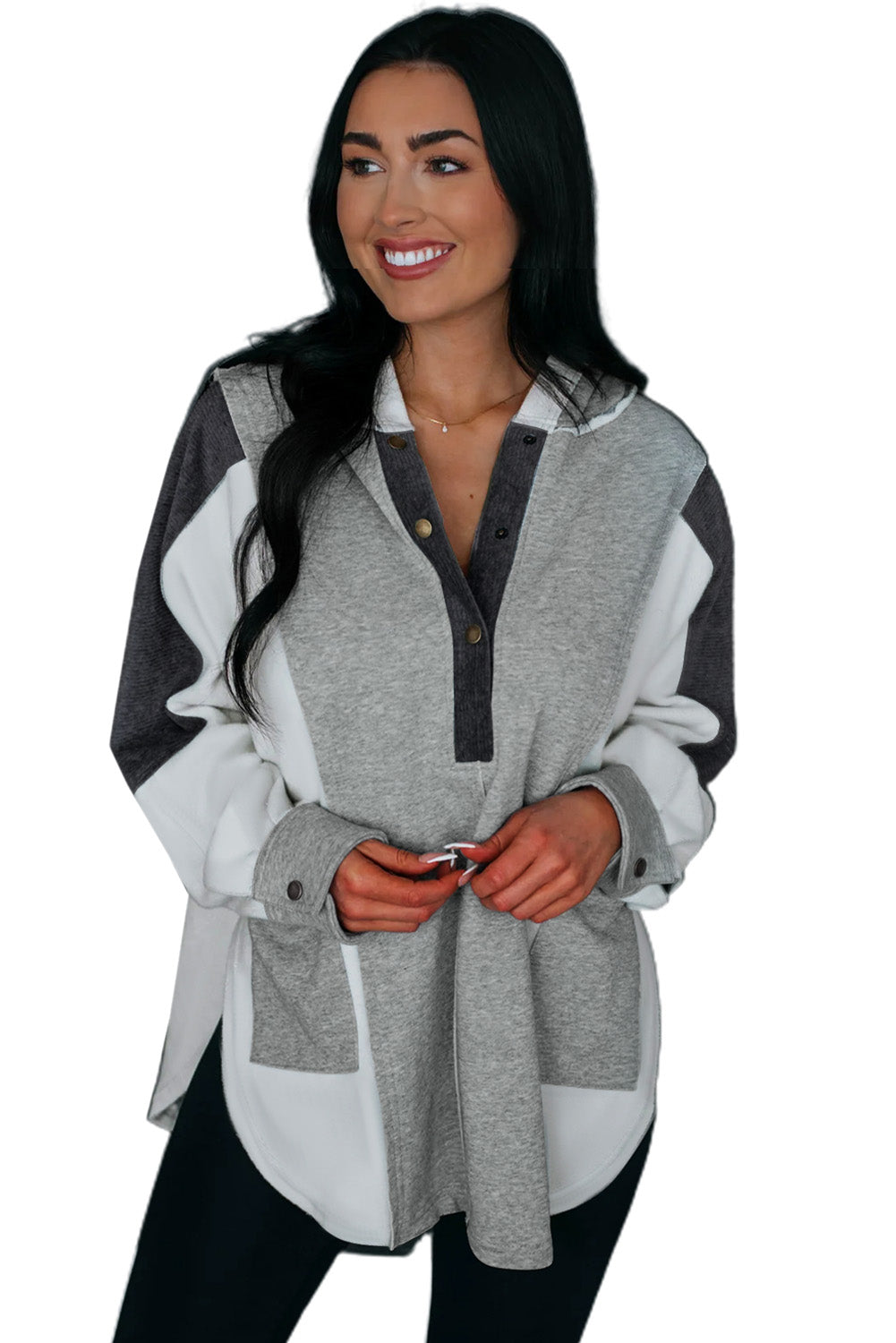 Grey Color Block Snap Button Exposed Seam Pullover Hoodie