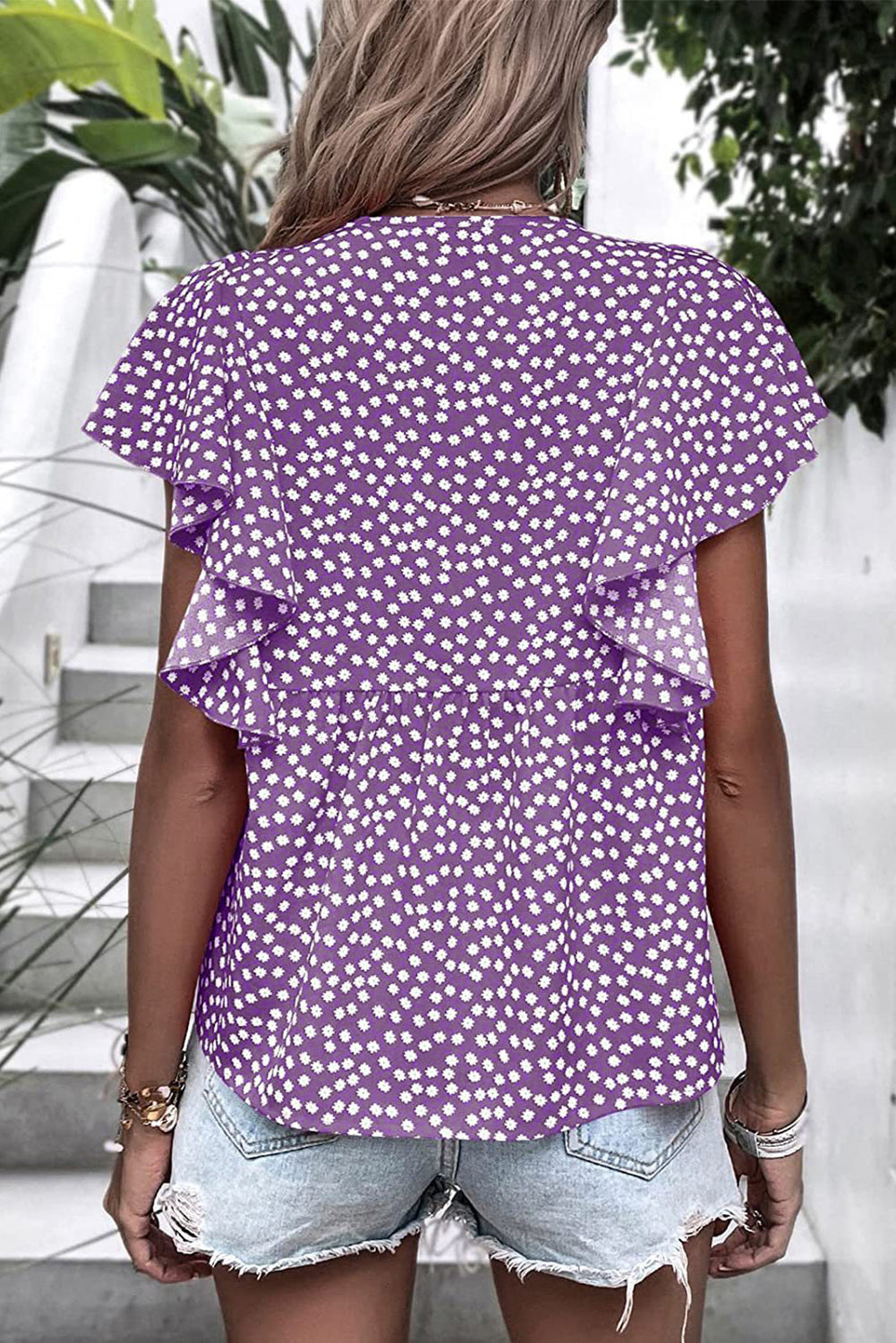 Blue Floral Print V Neck Ruffle Sleeve Blouse