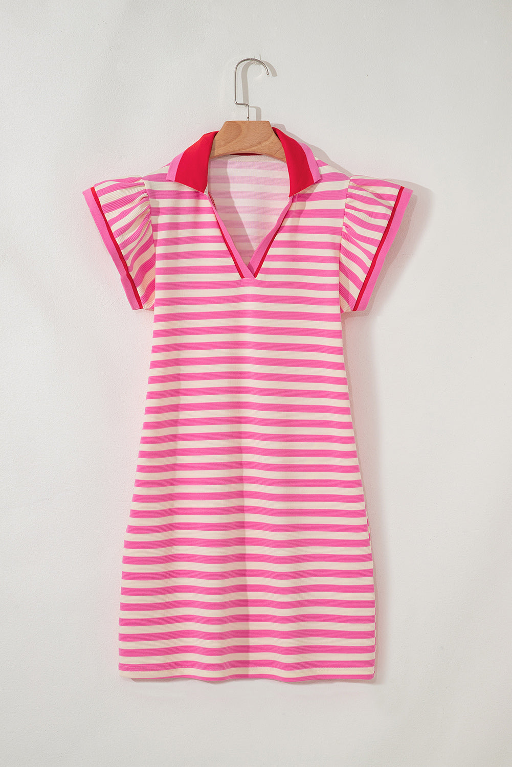 Sachet Pink Striped Ruffle Short Sleeve Pop of Color Neckline Dress