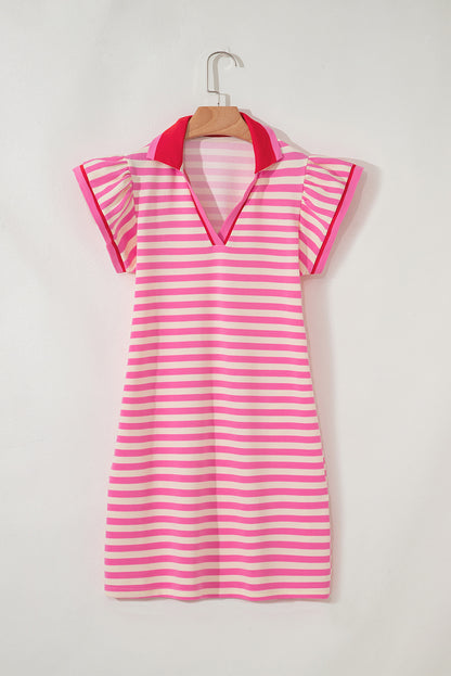 Sachet Pink Striped Ruffle Short Sleeve Pop of Color Neckline Dress