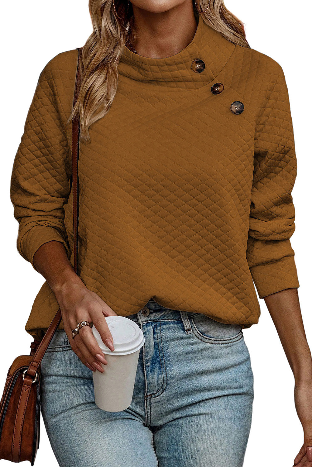 Quilted Buttoned Neck Pullover Sweatshirt