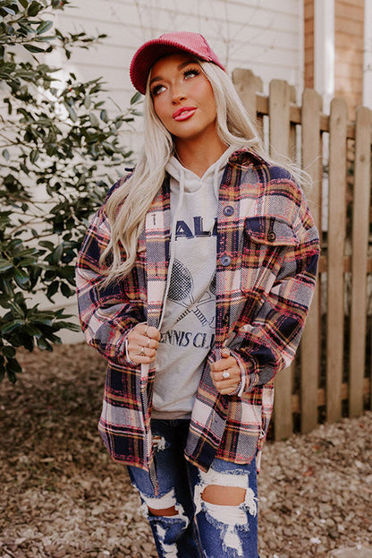 Dark Blue Oversized Flap Pockets Plaid Shacket with Slits