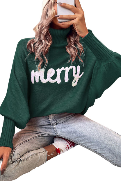 Turtle Neck Batwing Sleeve Merry Christmas Sweater