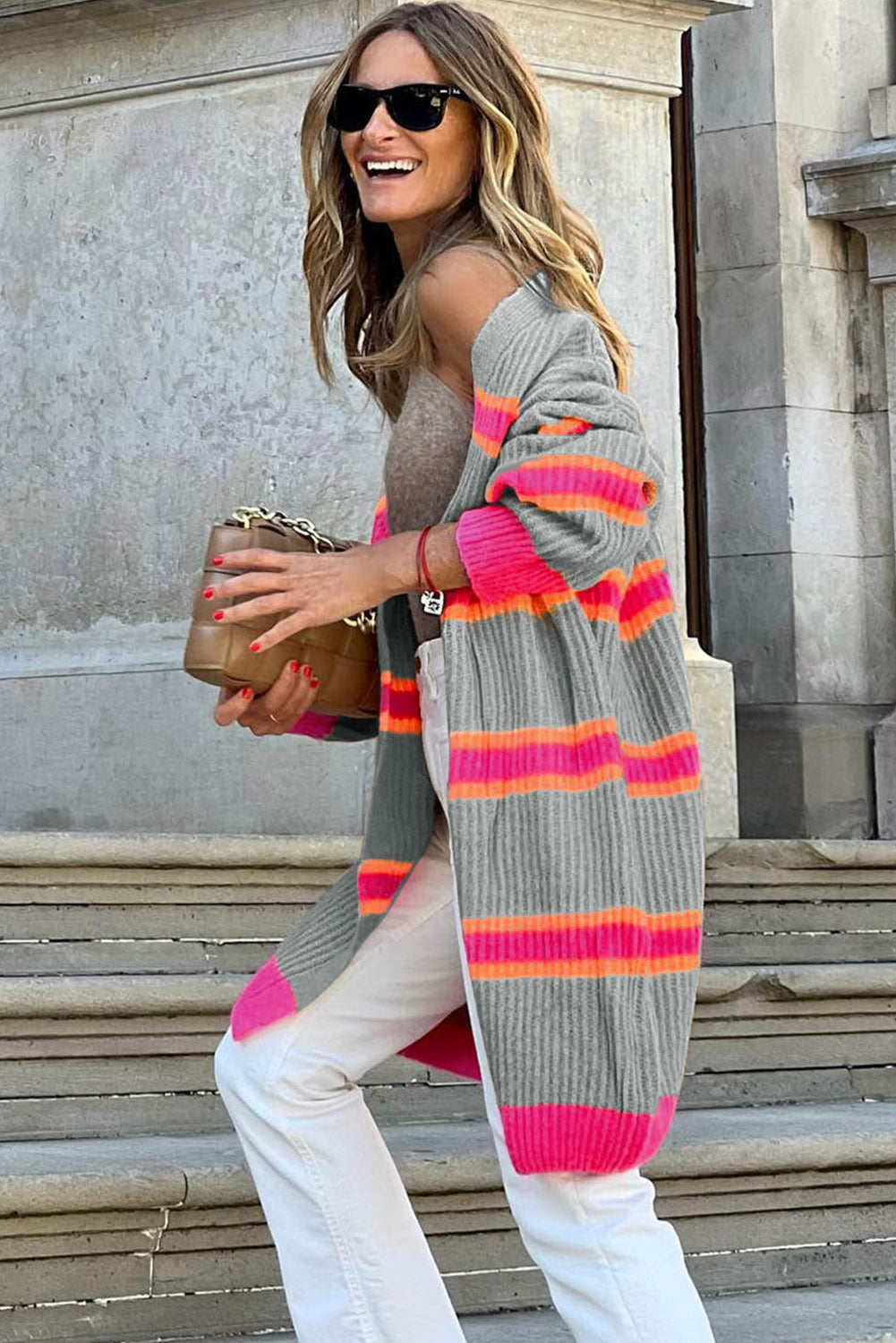 Grey Striped Colorblock Rib Knit Drop Sleeve Long Cardigan