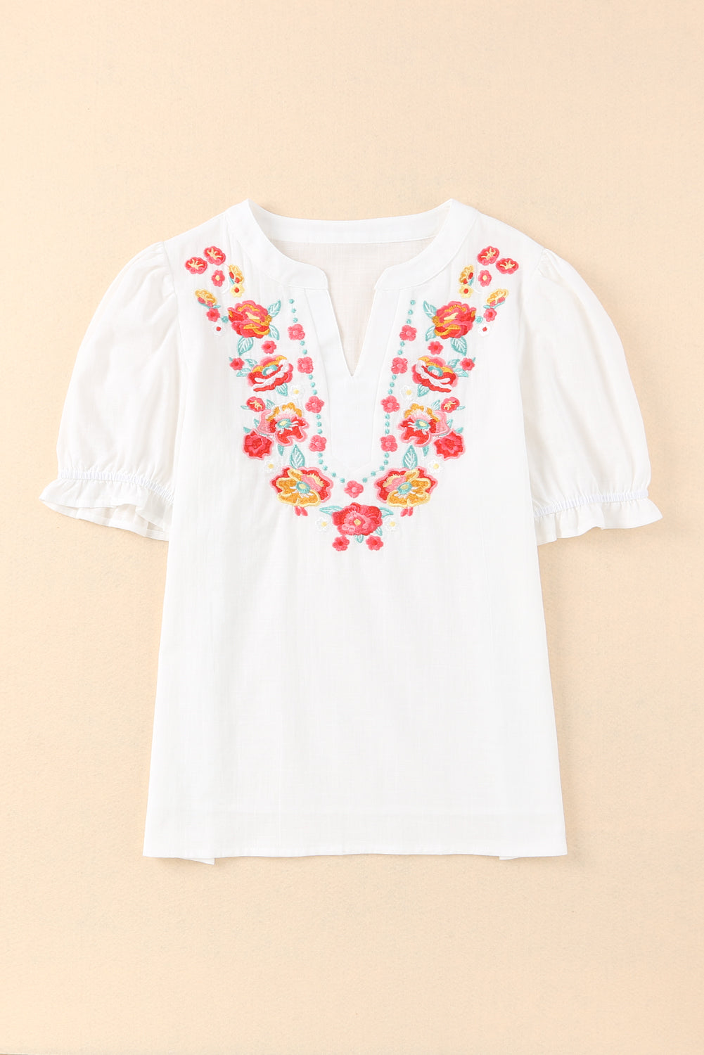 Floral Embroidered Boho Ruffle Puff Sleeve Blouse