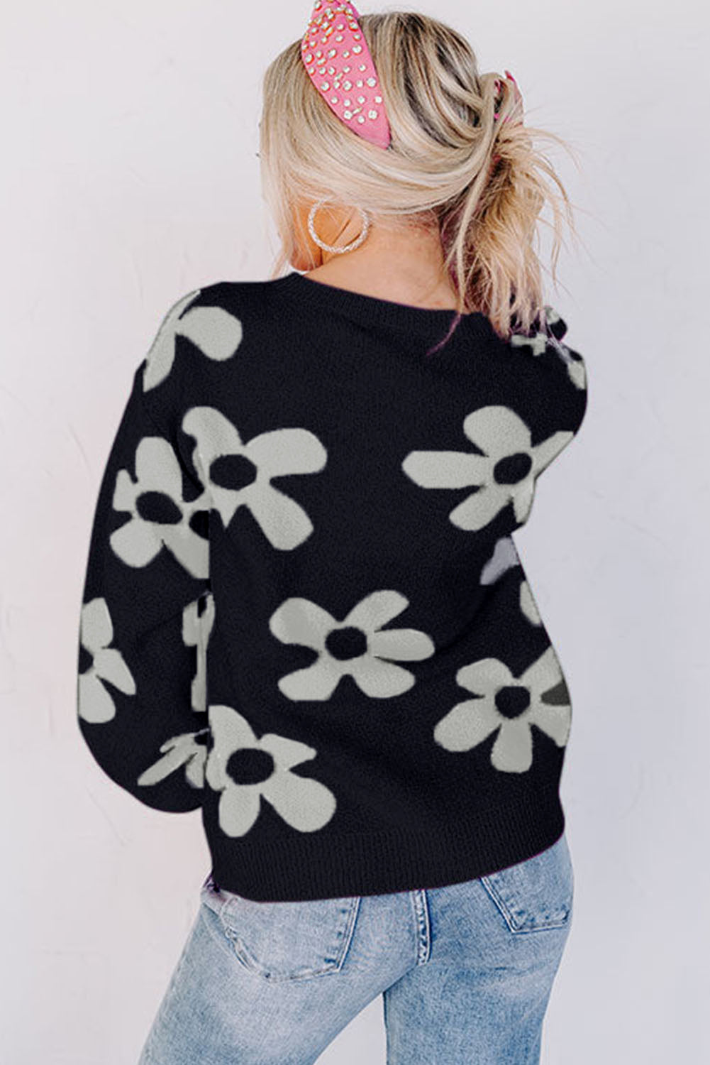 Floral Print Knitted Long Sleeve Pullover Sweater