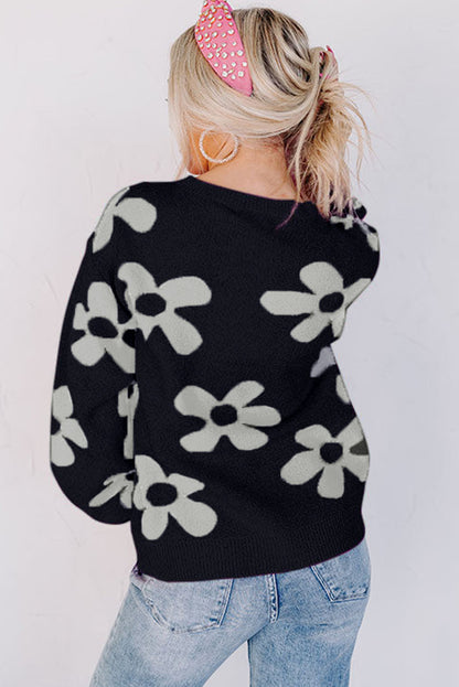 Floral Print Knitted Long Sleeve Pullover Sweater