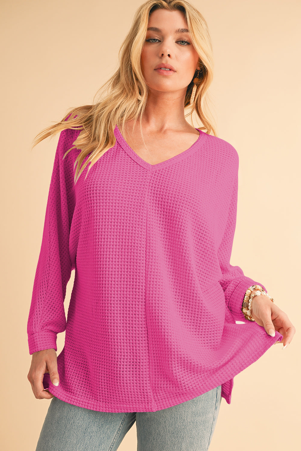 Waffle Knit Side Slits Loose Fit V Neck Top