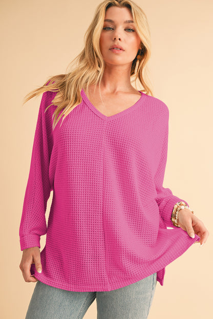 Waffle Knit Side Slits Loose Fit V Neck Top