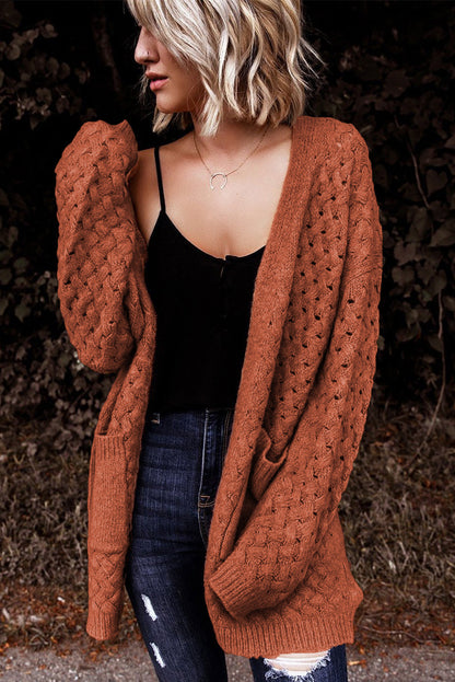 Brown Woven Texture Open Front Pockets Knit Cardigan