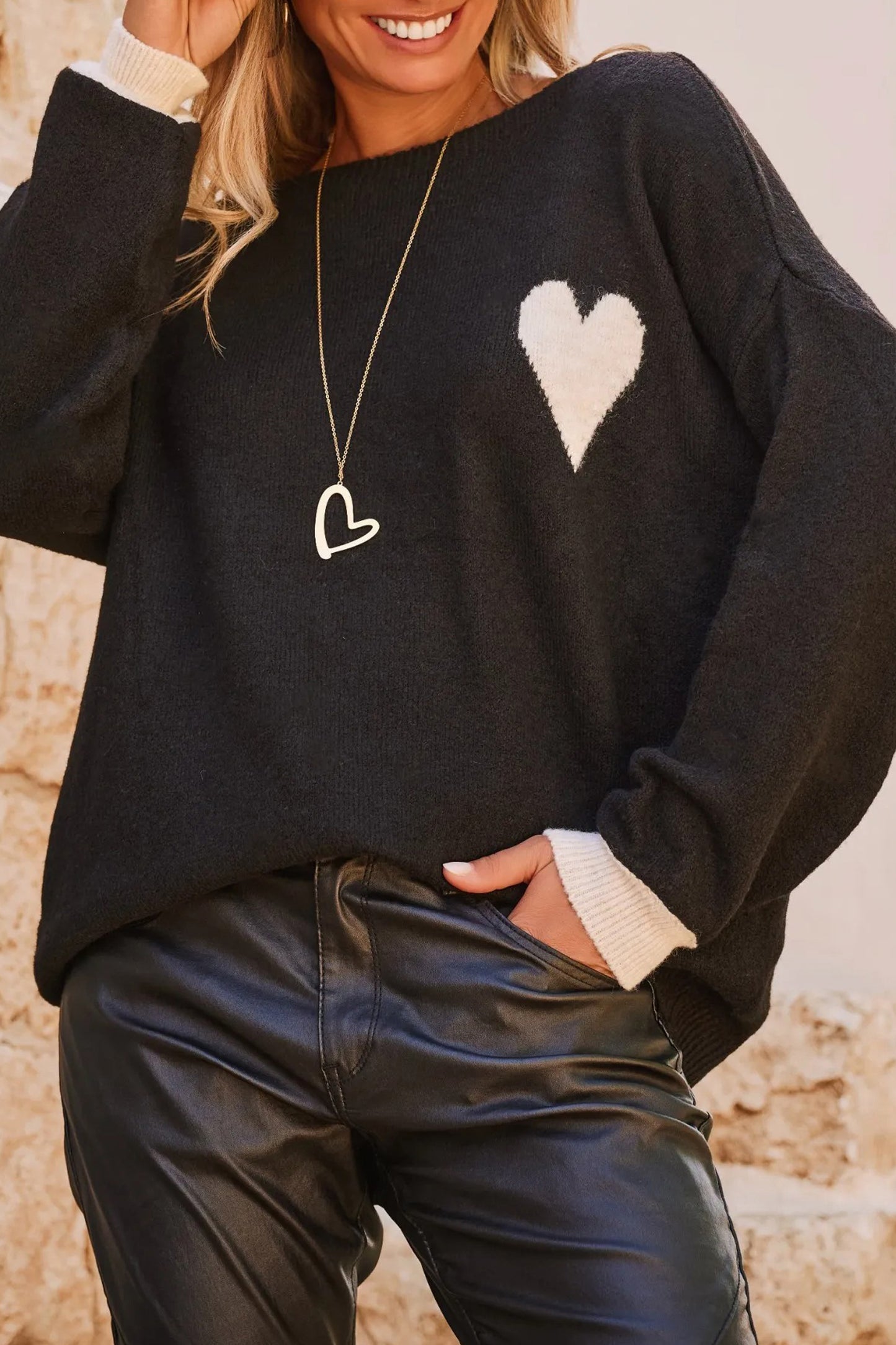 Black Heart Detail Contrast Cuffs Baggy Sweater