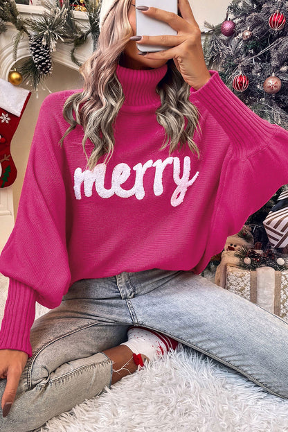 Turtle Neck Batwing Sleeve Merry Christmas Sweater