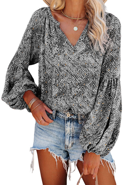 Abstract Print Pleated Lantern Sleeve Split V Neck Blouse