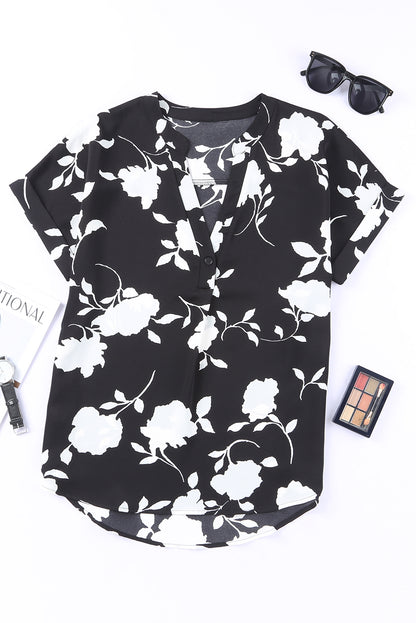 Floral Print Casual Roll Up Sleeve Blouse