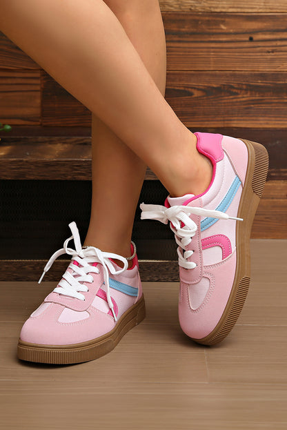 Pink Striped Patchwork Lace Up Sneakers