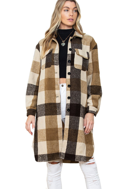 Khaki Plaid Colorblock Button Down Flap Pocket Long Shacket