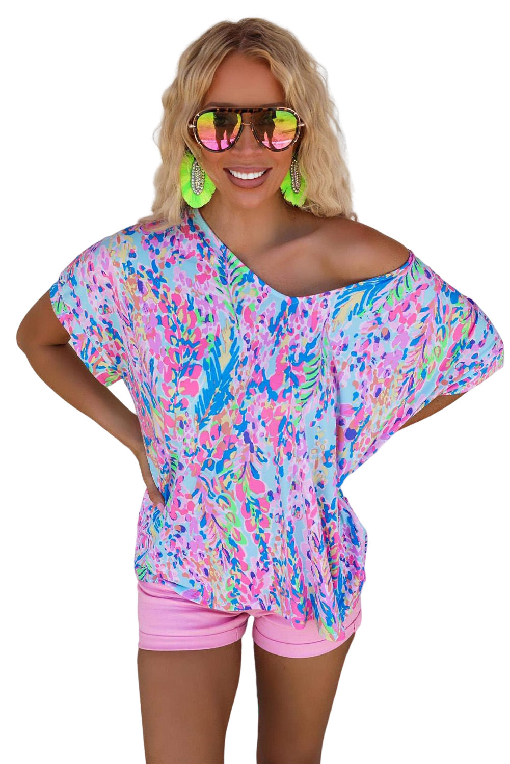 Abstract Print Wrap V Neck Flutter Sleeve Mid Length Summer Dress