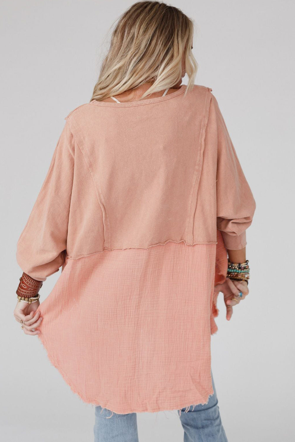Rose Pink Crinkled Patchwork Raw Hem Oversized Tops