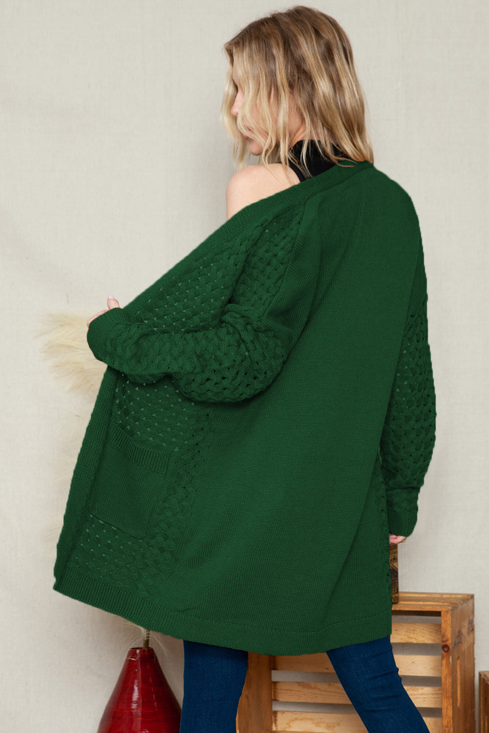 Brown Woven Texture Open Front Pockets Knit Cardigan