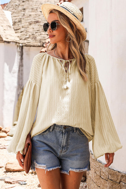 Brown Lantern Sleeve Tassel Drawstring Tie Blouse