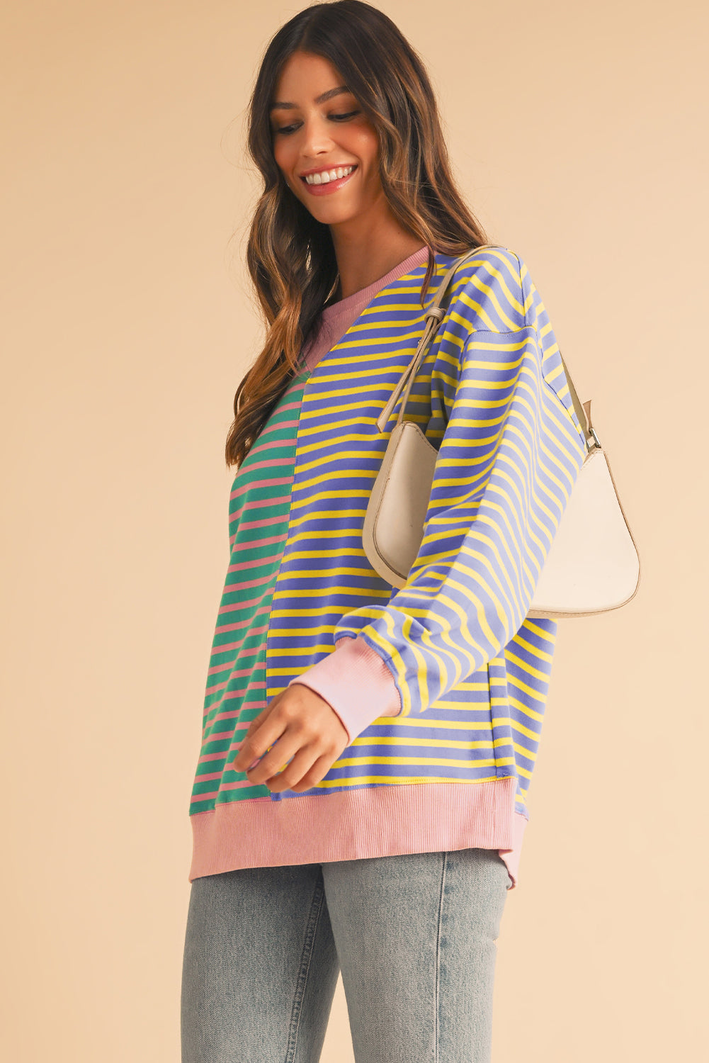 Stripe Colorblock Drop Shoulder Oversize Sweatshirt