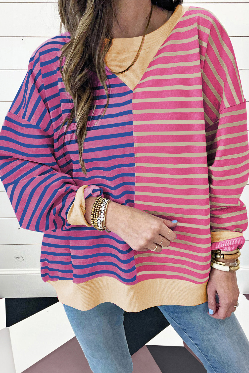 Stripe Colorblock Drop Shoulder Oversize Sweatshirt