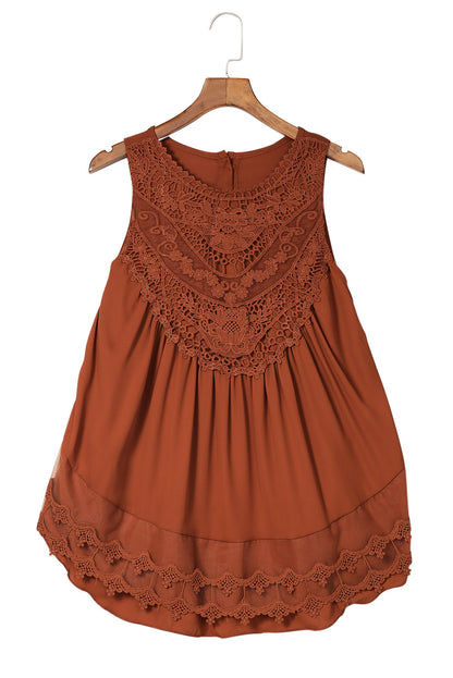 Casual Contrast Lace Crochet Button Back Sleeveless Shirt