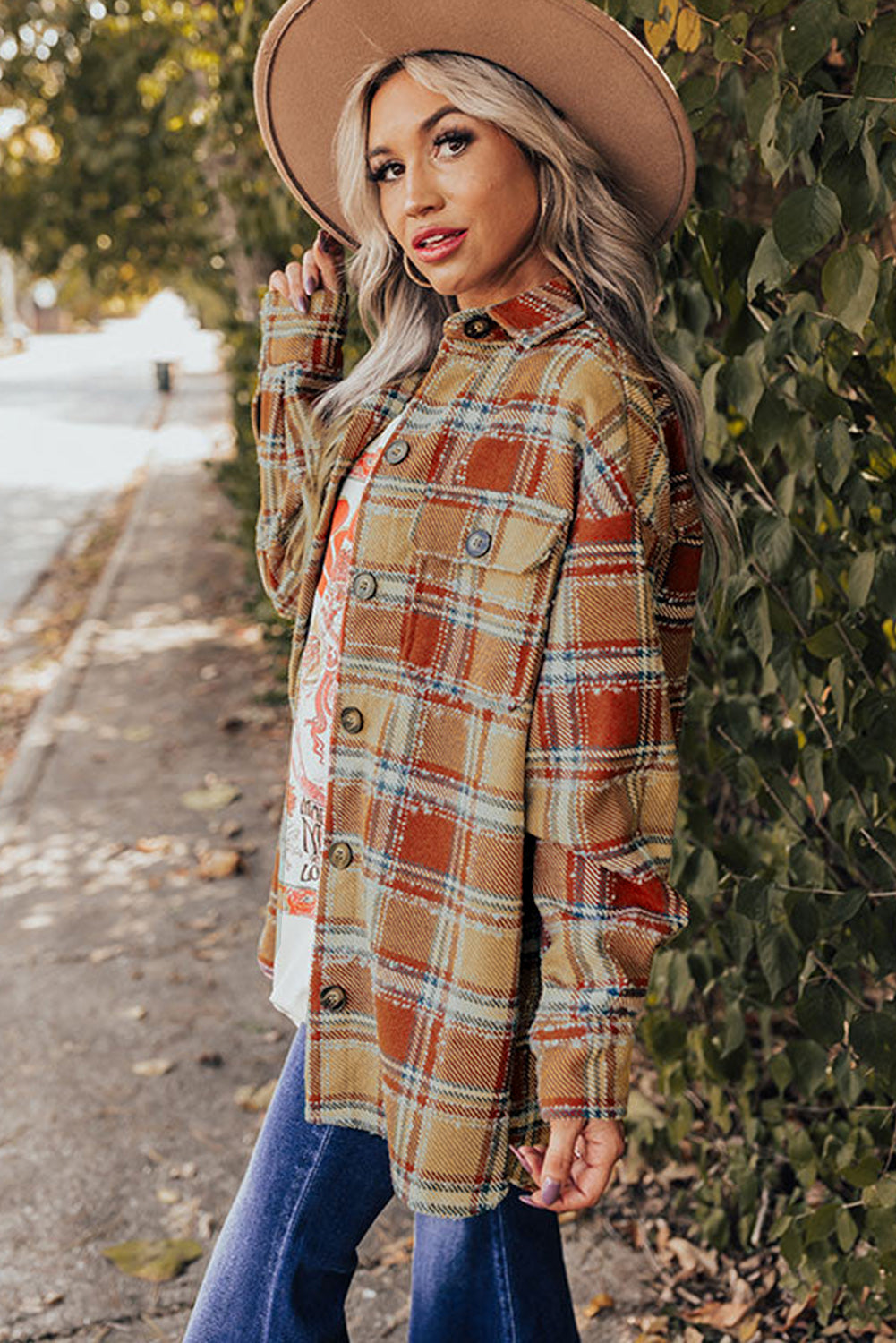 Dark Blue Oversized Flap Pockets Plaid Shacket with Slits