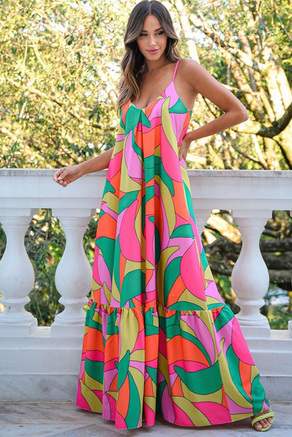 Multicolor Geometric Colorblock V Neck Tiered Maxi Dress