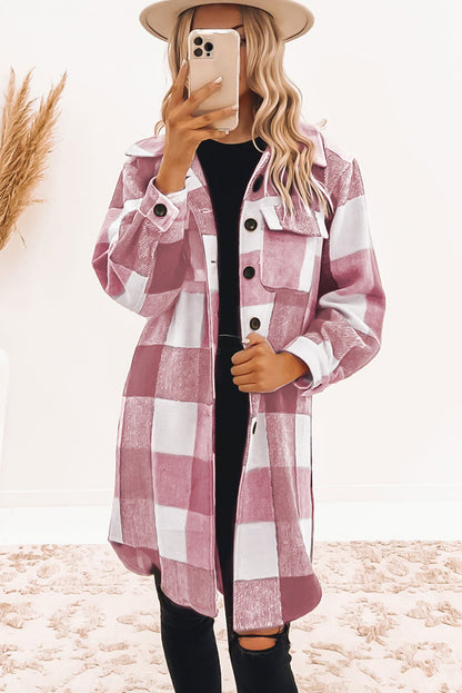 Khaki Plaid Colorblock Button Down Flap Pocket Long Shacket