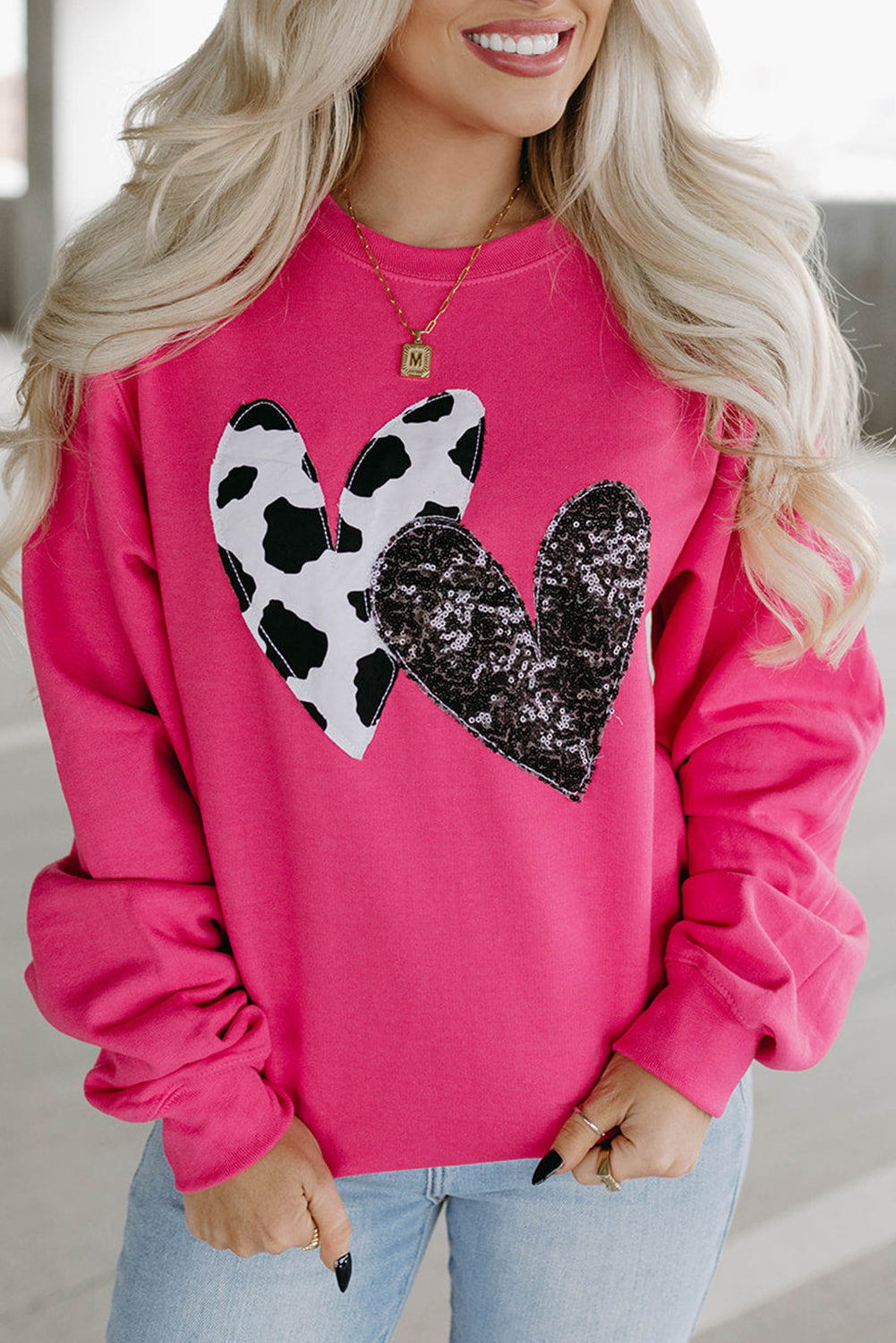 Strawberry Pink Graphic Sequins Heart Patch Sweatshirt