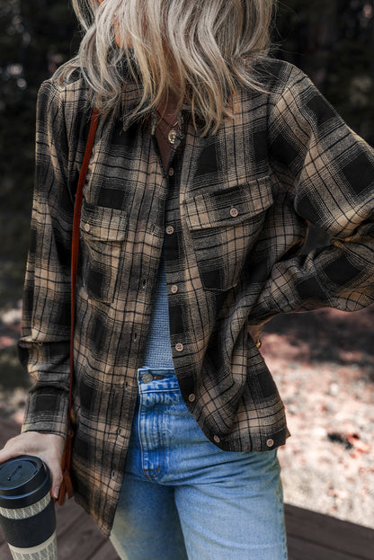 Plaid Double Flap Pocket Brushed Flannel Long Sleeve